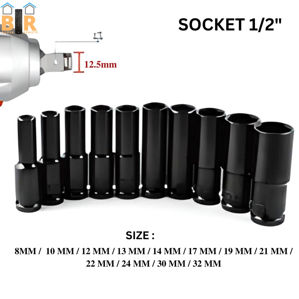 Mata Socket Extention Impact 8 MM - 32 MM Kunci Sok Impact 1/2&quot; Sock Deep Wall Panjang Hitam