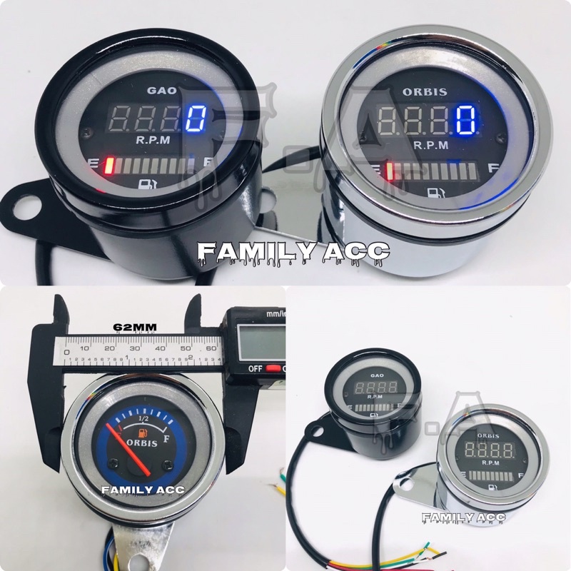 Speedometer Bulat 2in1 Digital Rpm plus Fuel Meter/ Amper Bensin Untuk Semua Jenis Motor Custom