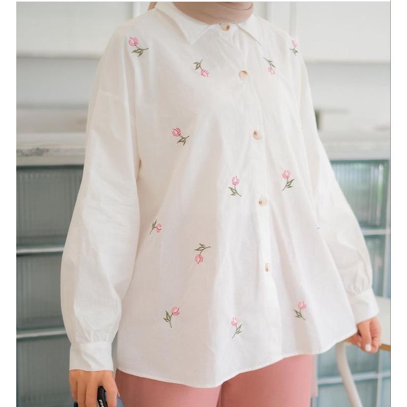 Nancy Flower Shirt | Kemeja Katun Adem Nyerep Keringet Bordir Kerja Simple Bunga | Katun premium bunga