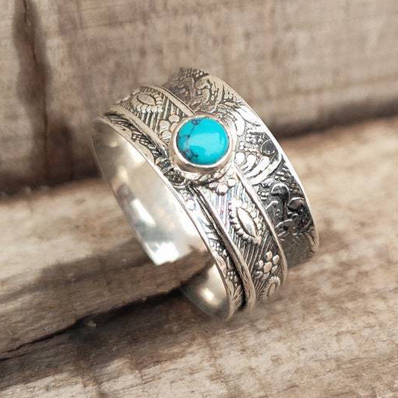 Cincin Unisex Motif Timbul Lingkaran Penuh Permukaan Lebar Biru Kecil Batu Pinus Untuk Wanita Pria Jewellery