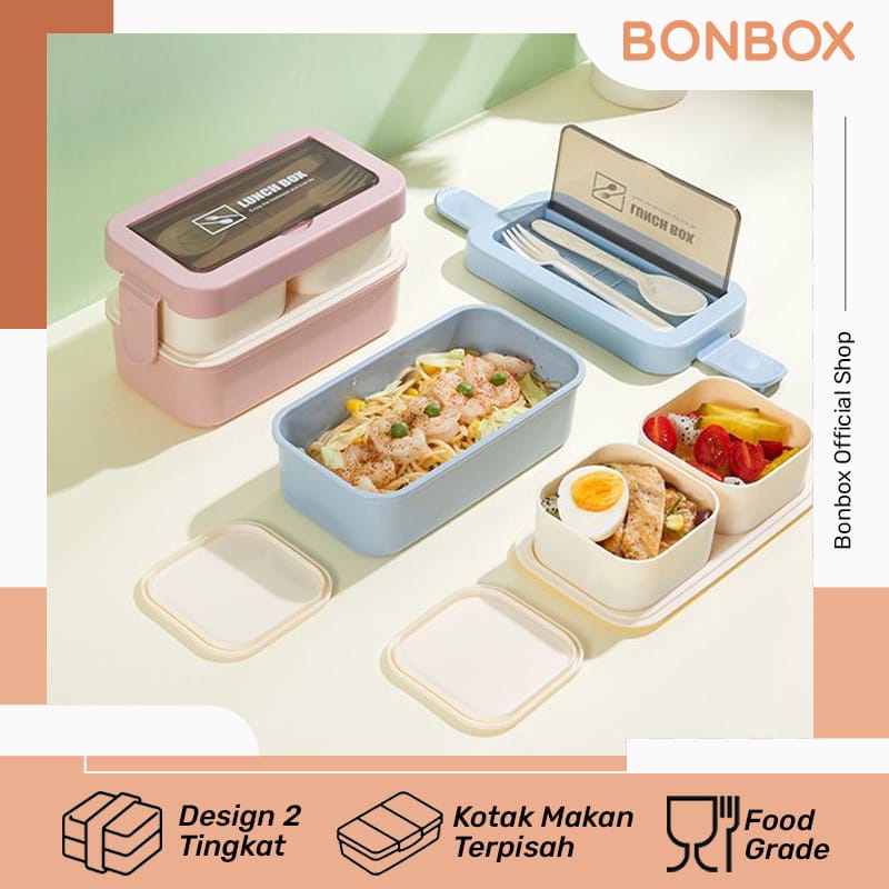 KOTAK BEKAL BONBOX BTW70 Lunch Box Kotak Bekal Makan Siang Bento Set 2 Layer Free Sendok Tempat Makan 2 Tingkat