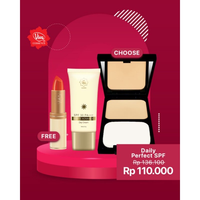 Paket 1 Viva Queen White Adv.Day Cream 1 VQ. Perfect Natural Bright Two Way Cake SPF 25 PA ++FREE1 Pcs Lipstick