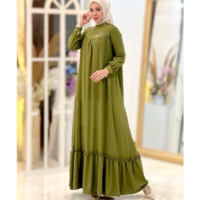 Aud Maxy Gamis Aplikasi Lipit Rempel Warna Hijau Army Jumbo Formal Lebaran Kondangan Simpel Polos Ad