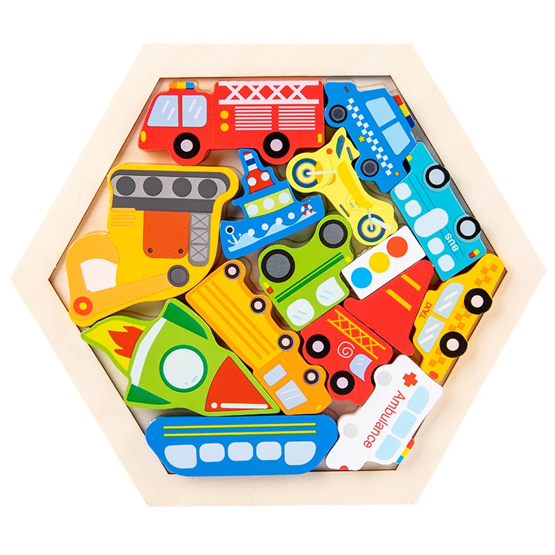 HZ Puzzle 3D Hexagon Animal Wooden Montessori Wooden Chunky Hexagon Puzzle Mencocokan Bentuk Karakter