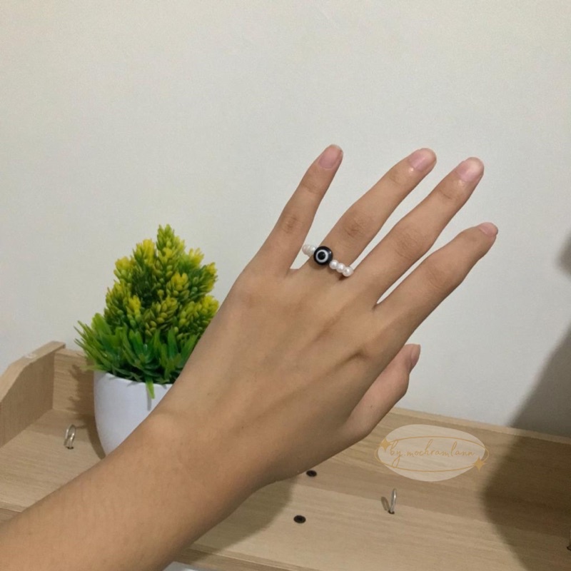 Cincin Elastis Manik Mutiara Evil Eye Beads / Ring Pearl Mutiara / Cincin Kpop Mutiara Manik Mata