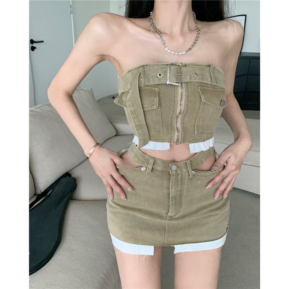 Red Spice Girl Retro Denim Rok Wanita Musim Panas Khaki Pinggang Tinggi Dicuci Hollow Rok Seksi Hip Rok Pendek