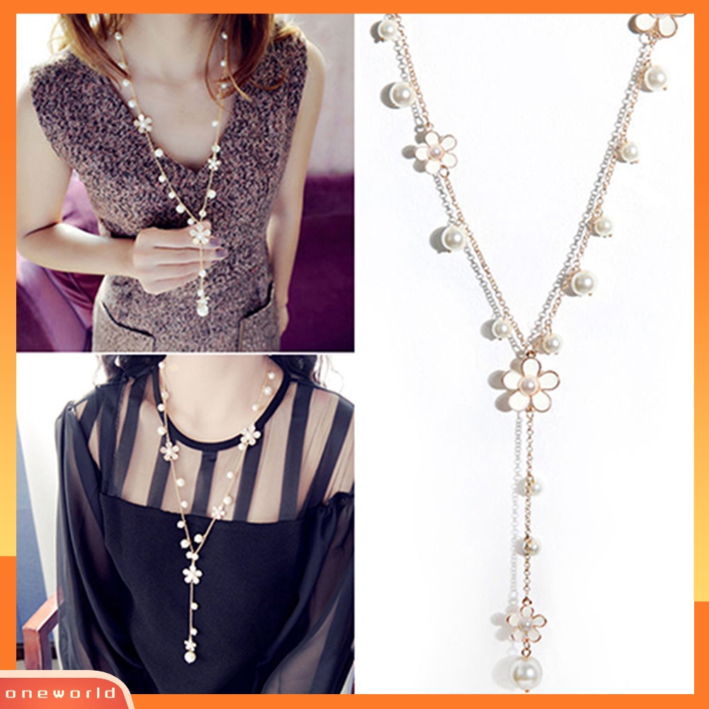 {oneworld} Fashion Wanita Gaya Korea Bunga Mutiara Imitasi Rantai Sweater Kalung Panjang