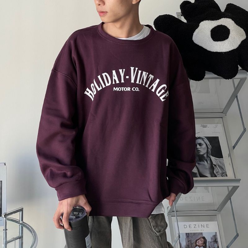 (S - 6XL) Sweater Urban Style HOLIDAY MOTOR Sweatshirt Burgundy Korean Bigsize Crewneck Brown Jumbo Unisex Pria Ulzzang StreetWear S M L XL 2XL 3XL 4XL 5XL 6XL Jaketin aja