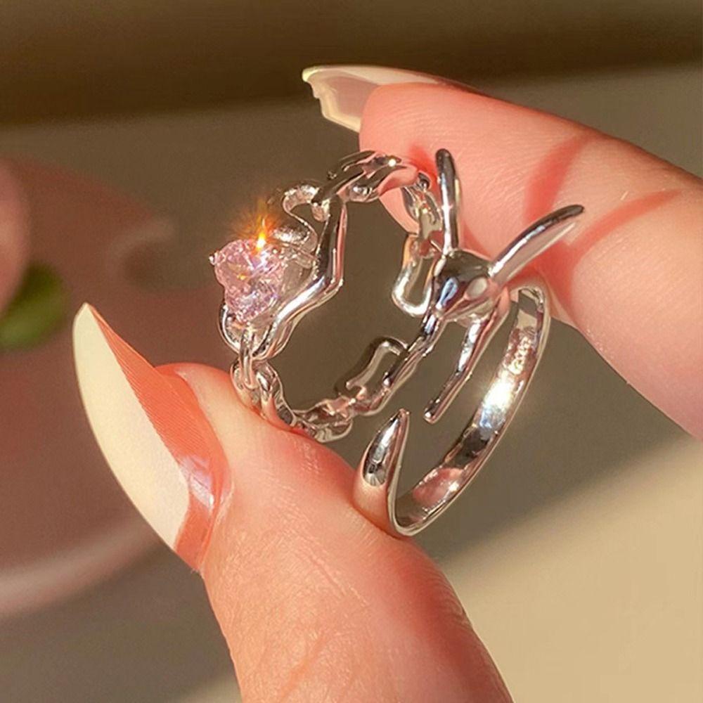 MXBEAUTY Y2k Wanita Cincin Lucu Adjustable Menawan Desain Niche Kelinci Gadis Manis Hadiah Berlian Imitasi Alloy Gaya Korea Ring