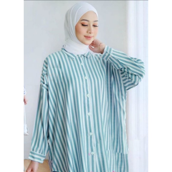 Tunik Kemeja Wanita Motif Salur Stripy Garis Rayon Premium