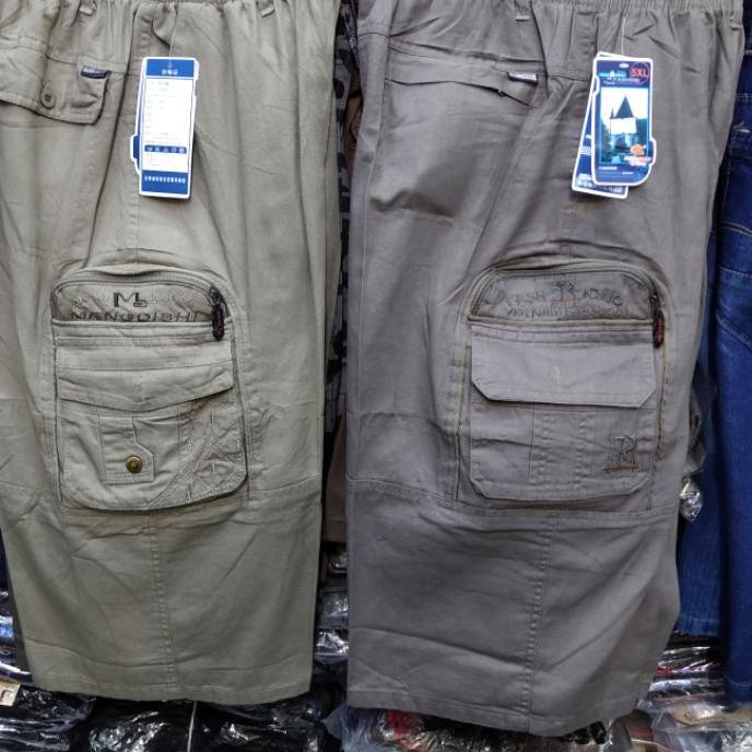 Depan celana pendek pria cargo (kantong banyak) pinggang karet 7/8 import,