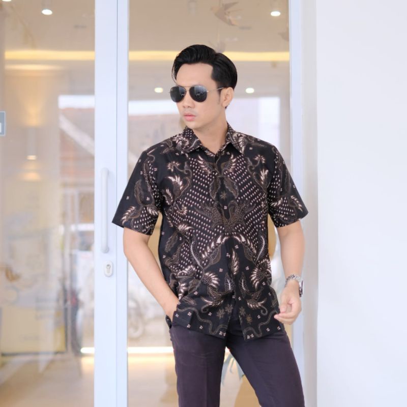 Kemeja Batik Pria Pendek Hitam Ori Florist