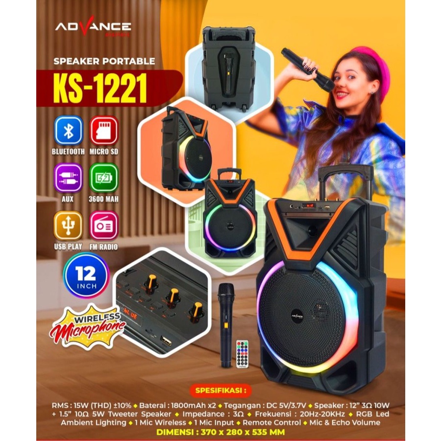 ADVANCE Speaker Portable Bluetooth 12 Inch + 1 Mic Wireless KS 1221