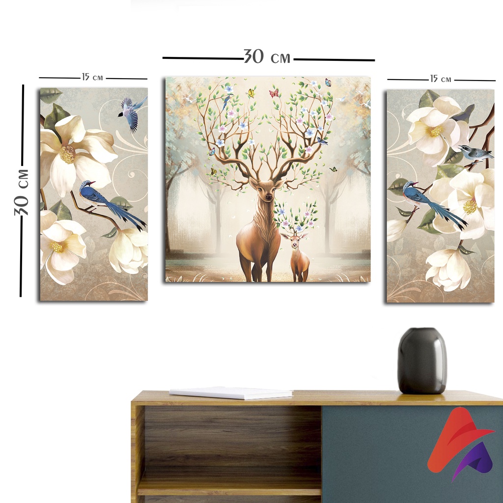 HIASAN DINDING PEMANDANGAN RUSA GOLD (FULL SET ISI 3) WALL DECOR PAJANGAN DINDING POSTER KAYU RUANGAN