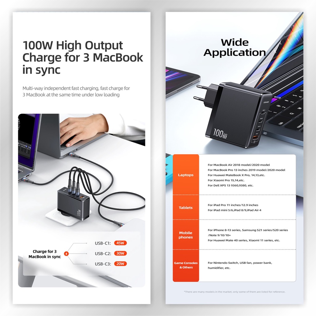 USAMS T50 Adapter Fast Charger GaN 100W 4 ports ACCC