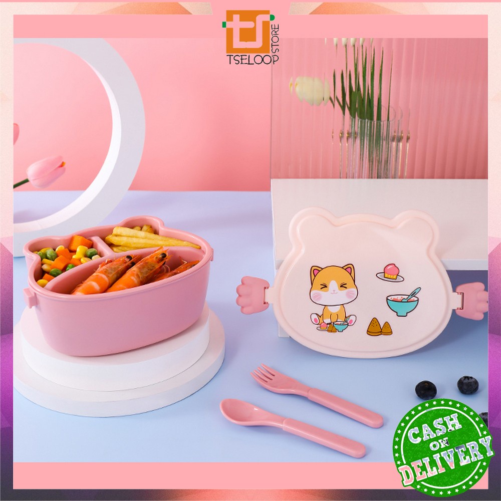 OFM-C777 Kotak Bekal Anak Set Sendok Garpu Motif Cartoon Lucu Lunch Box / Tempat Makan tingkat Anak Karakter Kucing BPA FREE