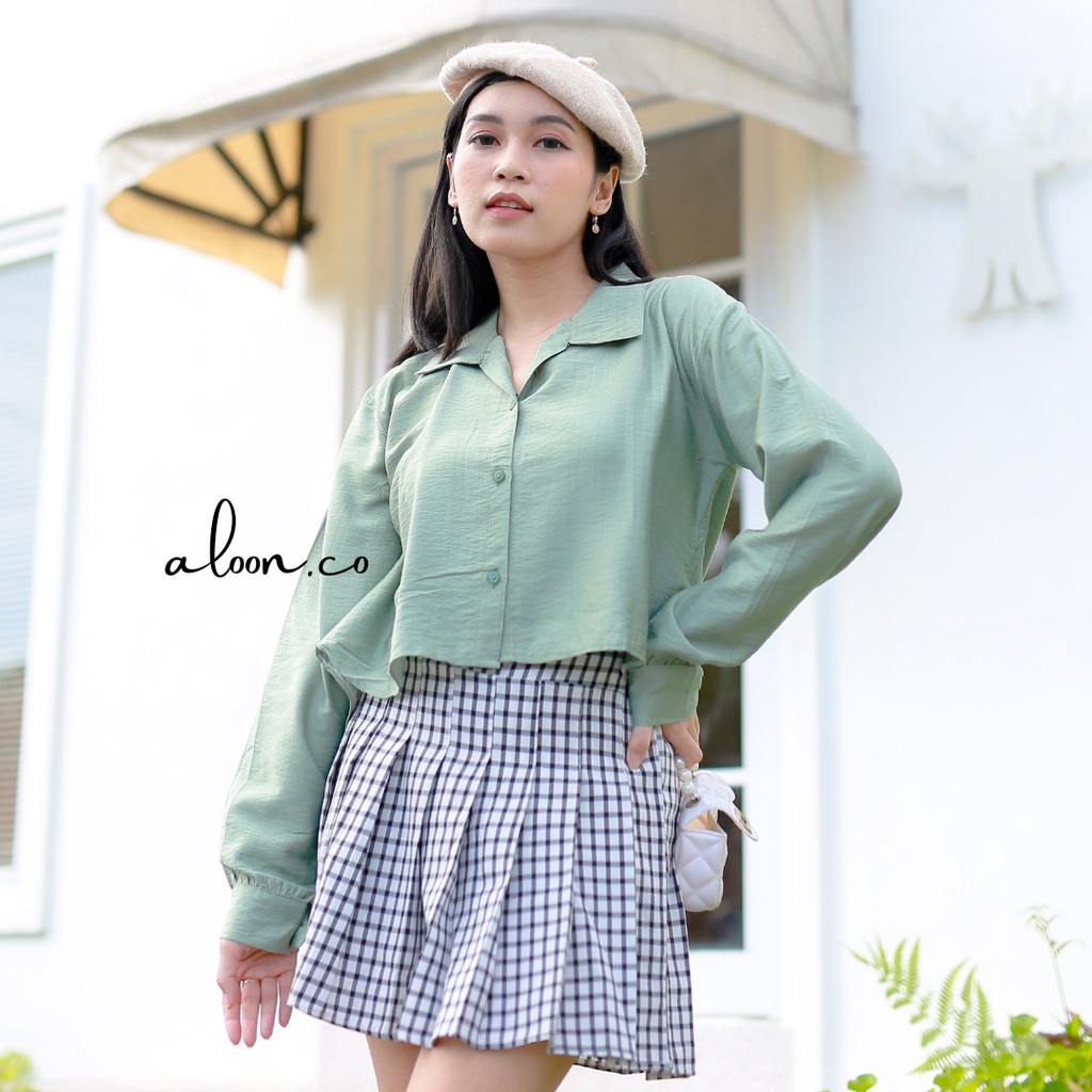 Quinella Kemeja Crop Wanita Linen Crinkle – Atasan Crop Kemeja