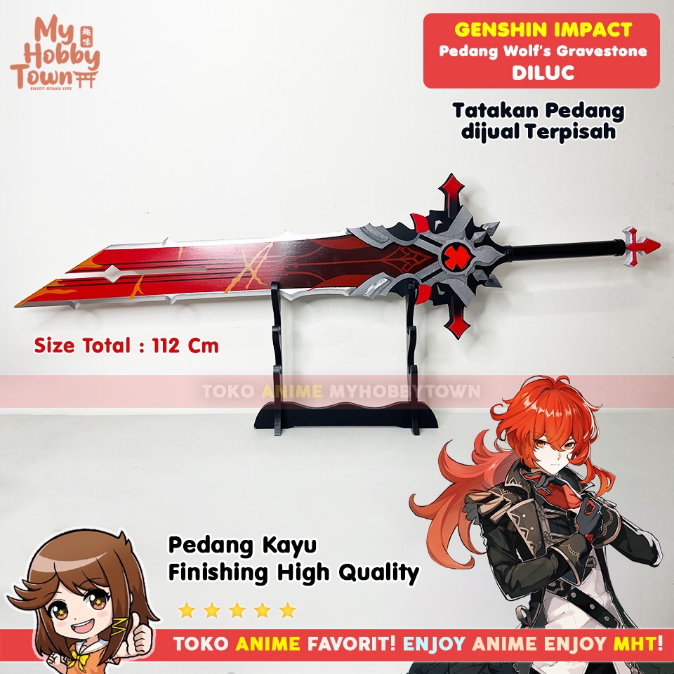 Replika Pedang Kayu Genshin Impact Wolf's Gravestone Diluc Cosplay Property