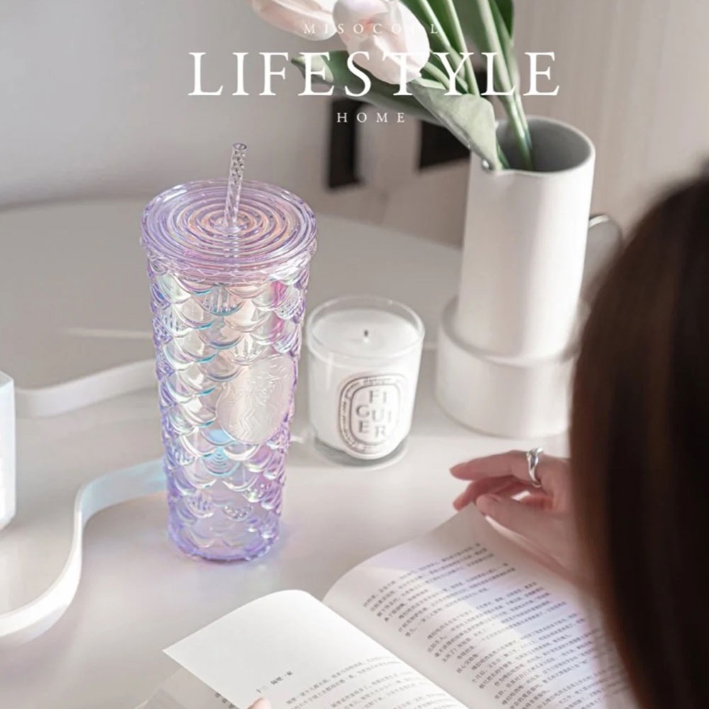 710ml Starbucks Tumbler Fish Scale Straw Cups Starbucks Mermaid Pink/Purple Cold Cup Tumbler Starbucks Botol minum