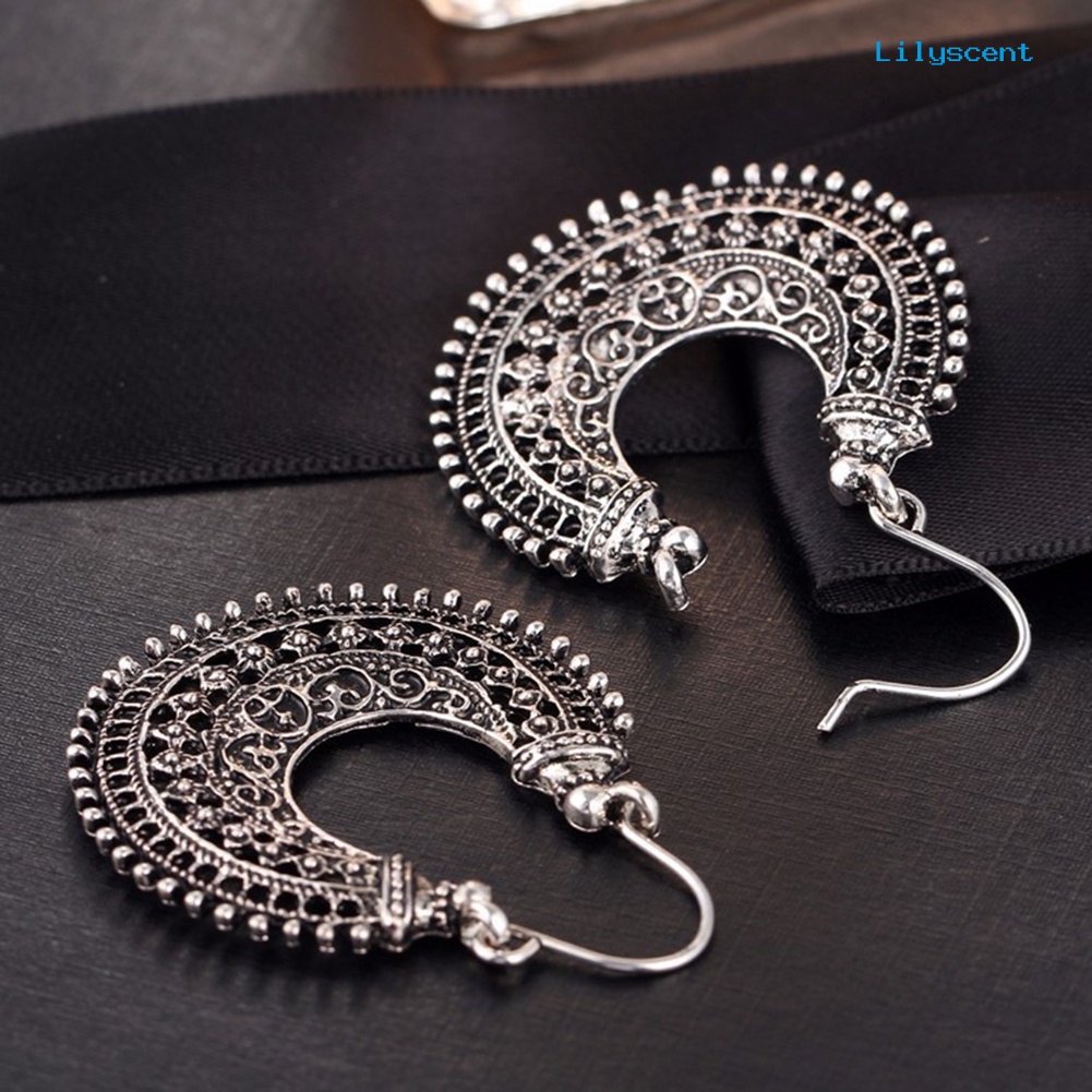 [LS] Retro Etnik Berongga Keluar Ukiran U Berbentuk Keranjang Wanita Kawat Hoop Drop Earrings