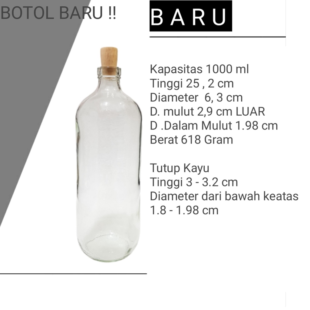 Botol kaca 1 liter Tutup kayu / botol bensin / botol jamu kaca  1 liter / BOTOL JAMU BOTOL MADU