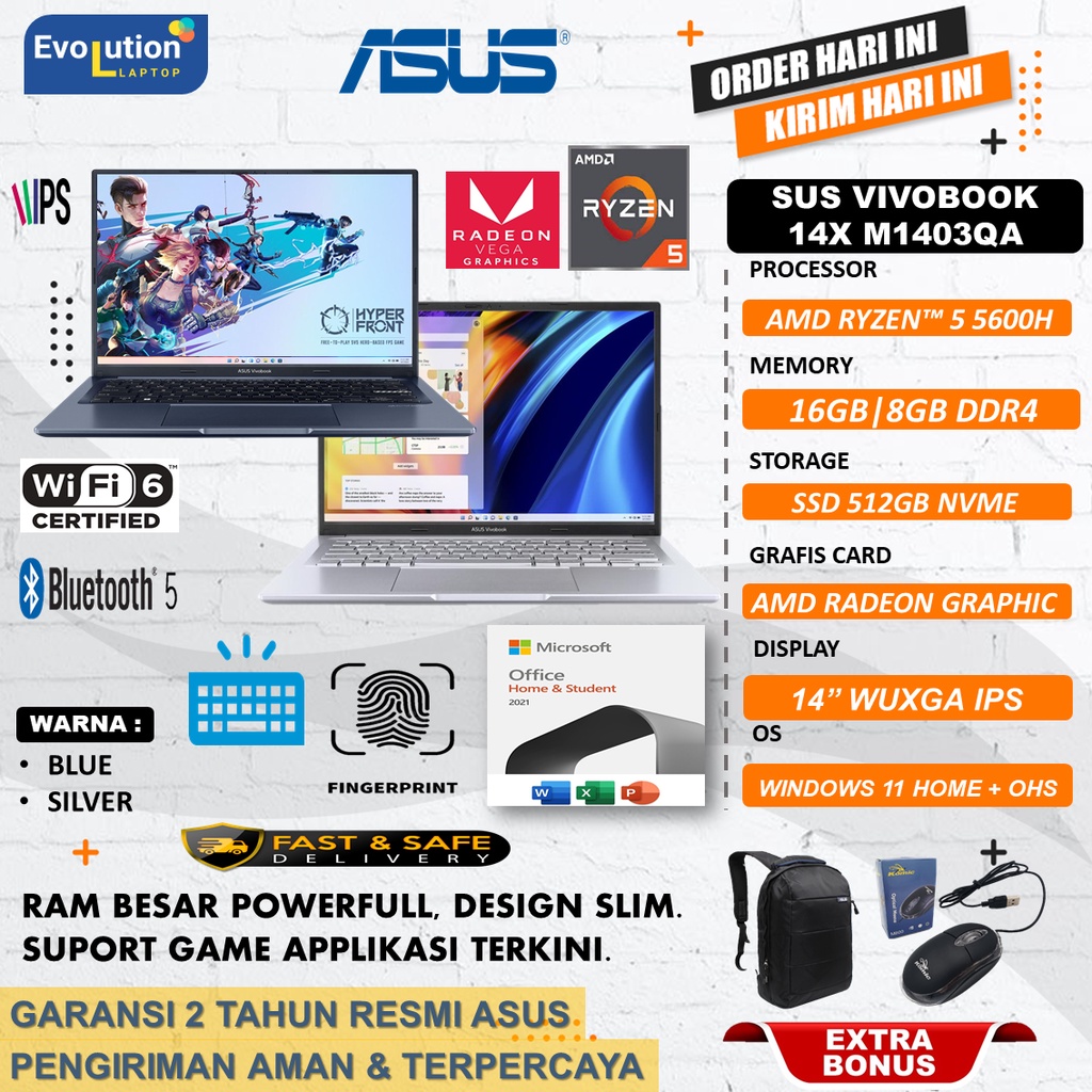 Laptop Gaming Asus VIVOBOOK 14 X M1403QA VIPS551 / VIPS552 AMD RYZEN 5 5600H 16GB 512GB RADEON 7 WUXGA IPS FP WIN11HOME OHS