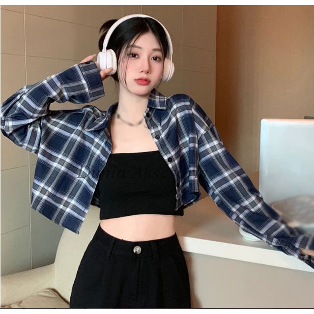 TERBARU KEMEJA KOTAK-KOTAK FLANEL WANITA CROP TOP KOREA GAYA WANITA KEKINIAN / CROP TOP WANITA /