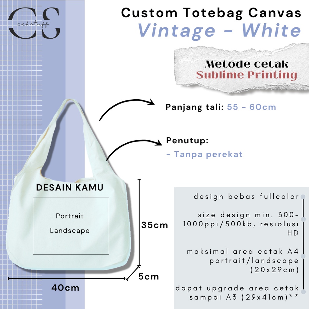 (40x35x5) CUSTOM TOTEBAG KANVAS VINTAGE AESTHETIC SATUAN MURAH / TOTEBAG KULIAH / TAS KULIAH / TAS SEKOLAH