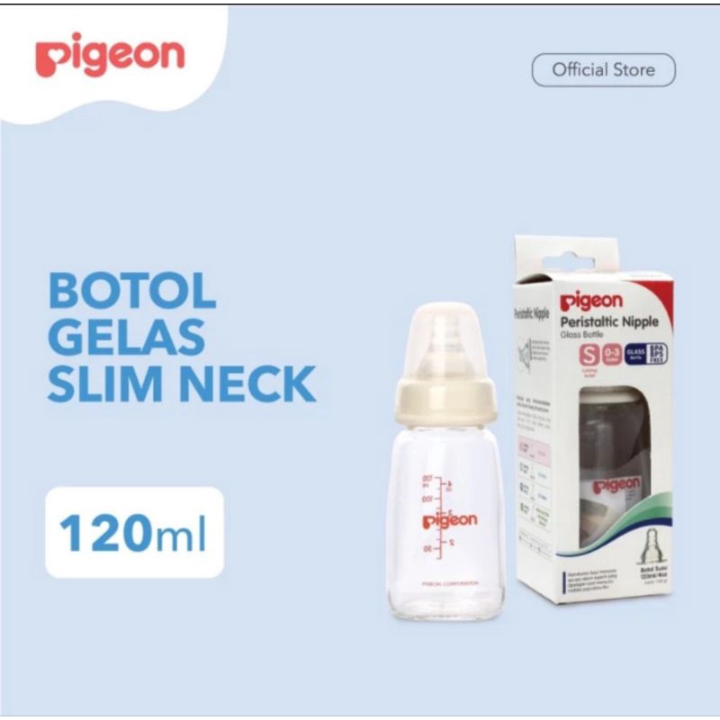 Pigeon Botol Gelas 120ml Slim Neck With Silicone Nipple Size S / Newborn Baby Bottle Botol Kaca Pigeon 120 ml