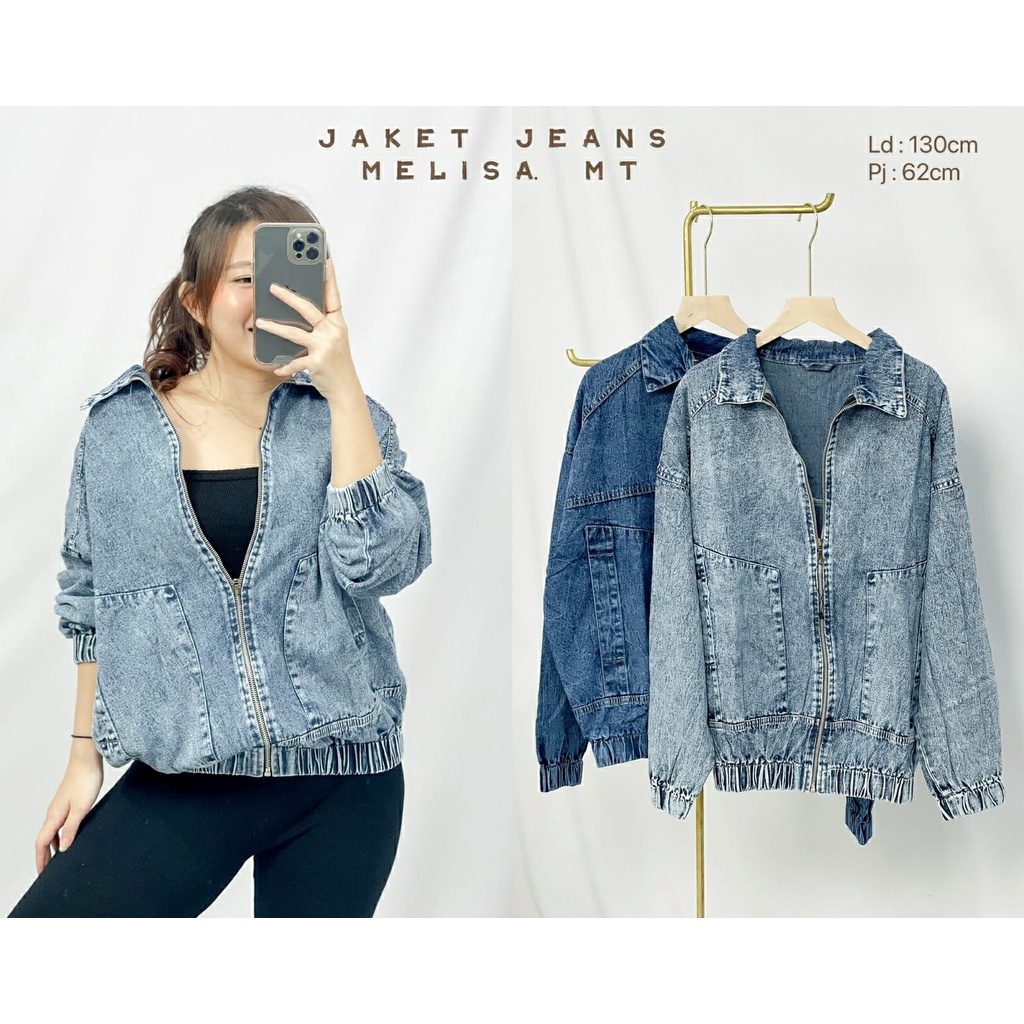 Jaket Jeans Wanita Kekinian Kantong Depan Lengan Karet Melinda Snow HOPYLOVY