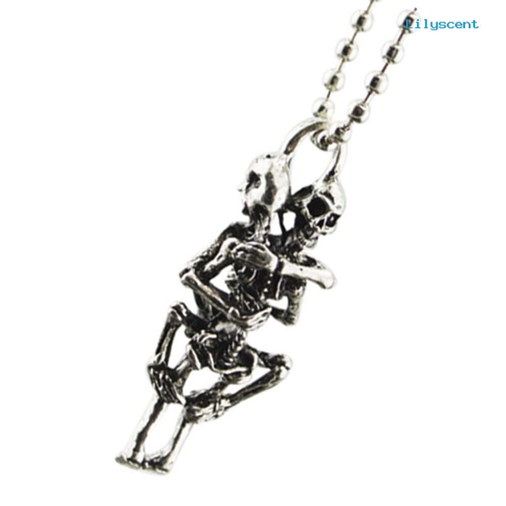 Ls Pria Wanita Love Silver Plated Couple Skulls Hug Liontin Rantai Kalung