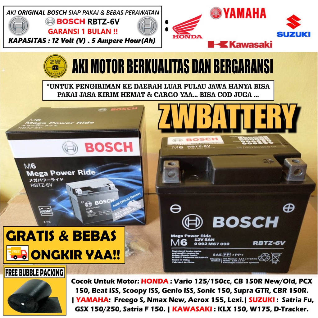 Jual Aki Motor Freego, Nmax, Lexi, KLX 150, Vario 150 GTZ6V BOSCH AGM