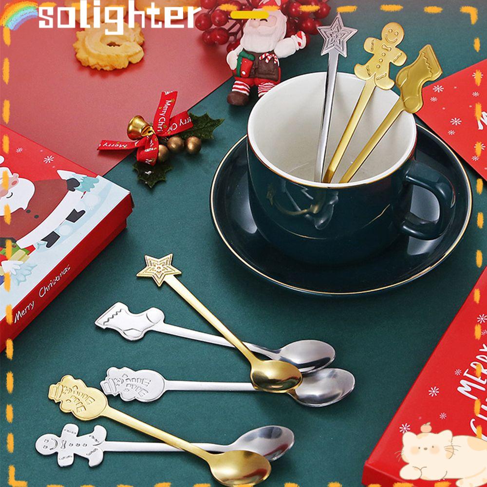 Solighter 4PCS Sendok Natal Perlengkapan Dapur &amp; Makan Xmas Stainless Steel Gingerbread Man Tea Scoop