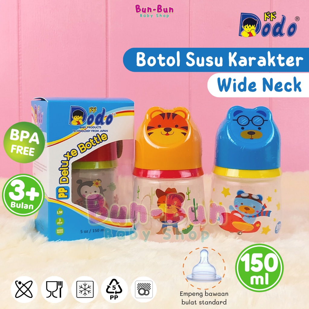 DODO Botol Susu Bayi 150ml Nipple Wide Neck Bottle Karakter Dot Leher Lebar Standar Perlengkapan Baru Lahir Peralatan Makan MPASI Baby New Born BPA FREE Newborn Bunbunbabyshop