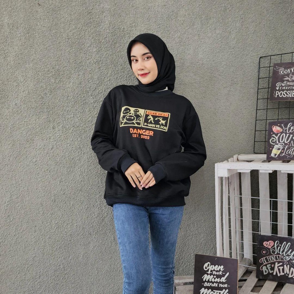 Sweater Crewneck DANGER bisa untuk pria/wanita