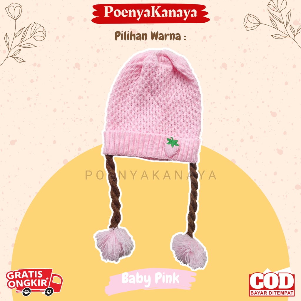 Topi Kupluk Bayi Rajut KEPANG STRAWBERRY Pompom Rajut Lucu Size 0-1 tahun TP33