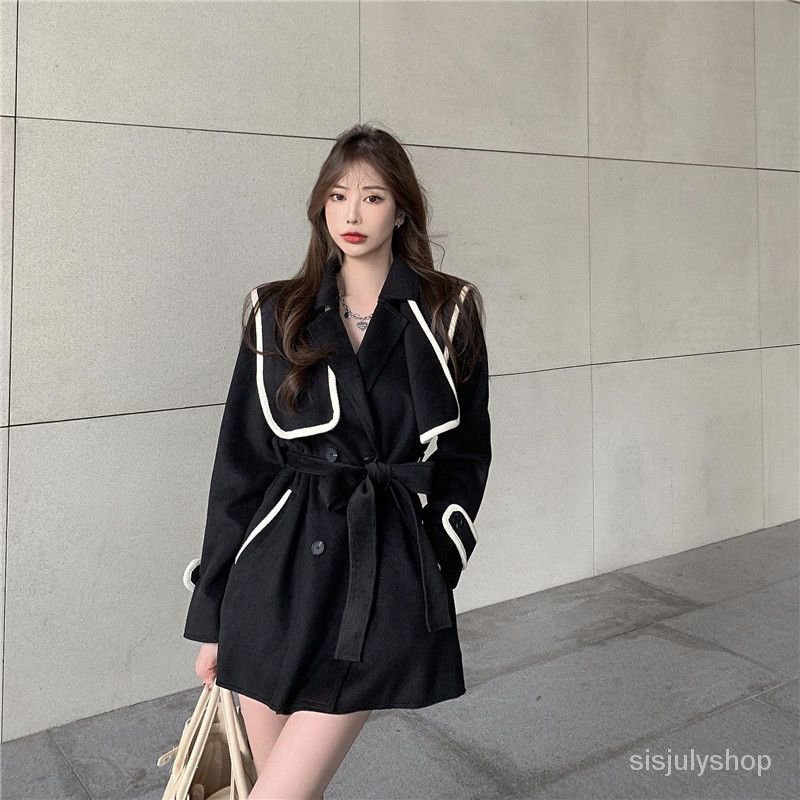 #Sisjuly# Jaket wol wanita fashion mid-length fashion baru diikat pinggang mantel double-breasted