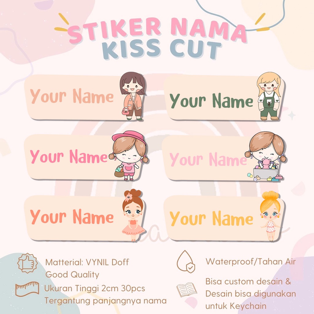 

vanilabeekids 90pcs STIKER KISS CUT | STIKER NAMA ANAK | LABEL NAMA | WATERPROOF | TAHAN AIR | STIKER VYNIL | CUTE GIRL