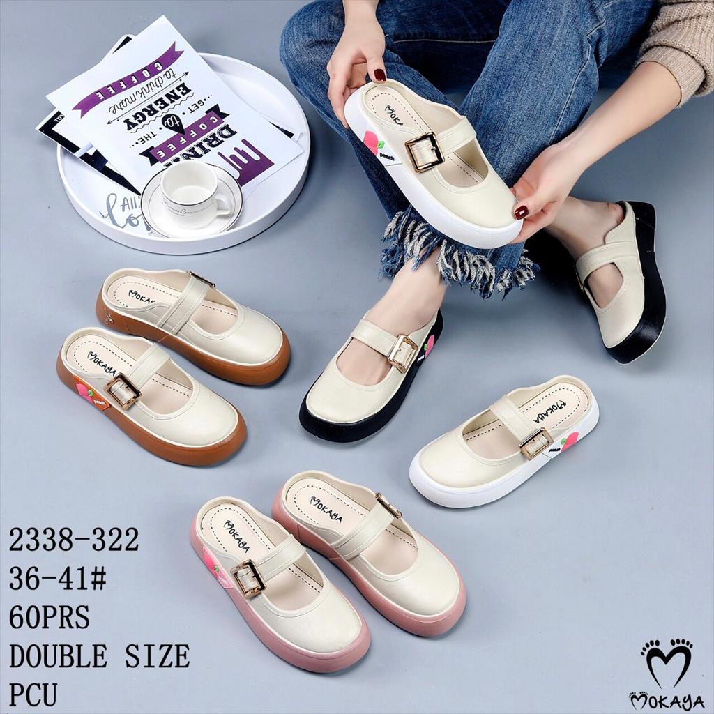 (2338-322/2338-323) Sepatu Sandal Slop Wanita Gesper Kotak dan Bunga Motif Peach Samping Platform Tebal Casual Super Empuk Trendy Import Mokya / Size 36-41