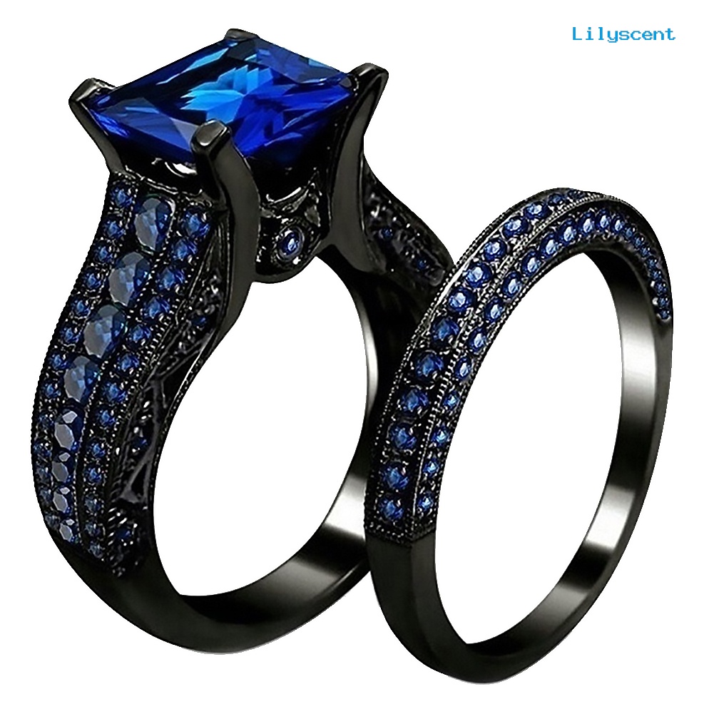 [LS] 2pcs/set Wanita Persegi Cubic Zirconia Jari Cincin Perhiasan Pertunangan Pernikahan