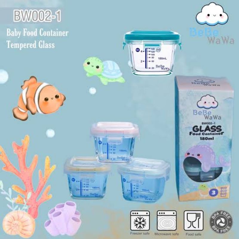 Bebe Wawa Baby Food Container Glass Kaca Plastic BW003-1 BW002-1 180ml BW003-2 240ml - Bebewawa Wadah Tempat Mpasi Bayi Kaca Plastic Silicone