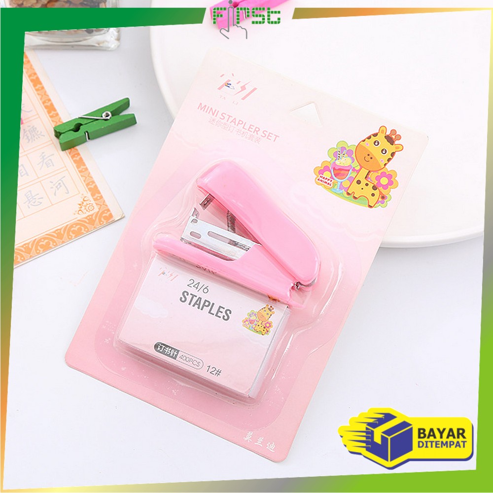 

FH-A50 Staples Mini Set Karakter Animal Warna Pastel Portable / Stapler Kecil Set Isi Hekter 24/6 Stasionary Perlengkapan Kantor Import