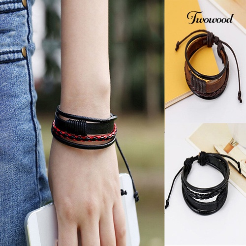 Twowood Unisex Vintage Retro Multilayer Braided Faux Leather Wristband Gelang Bangle