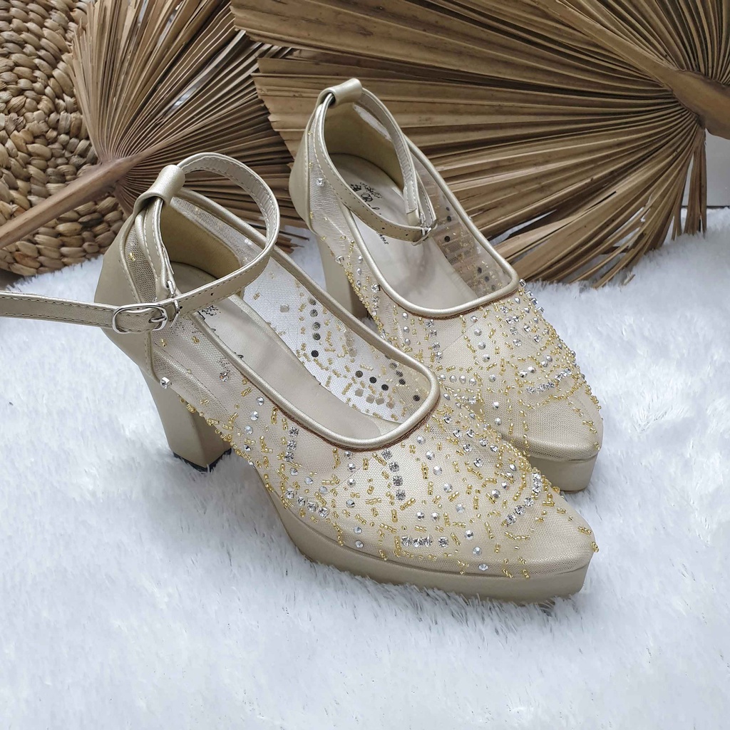Sepatu wedding pesta cantik Anika gold 9cm tahu