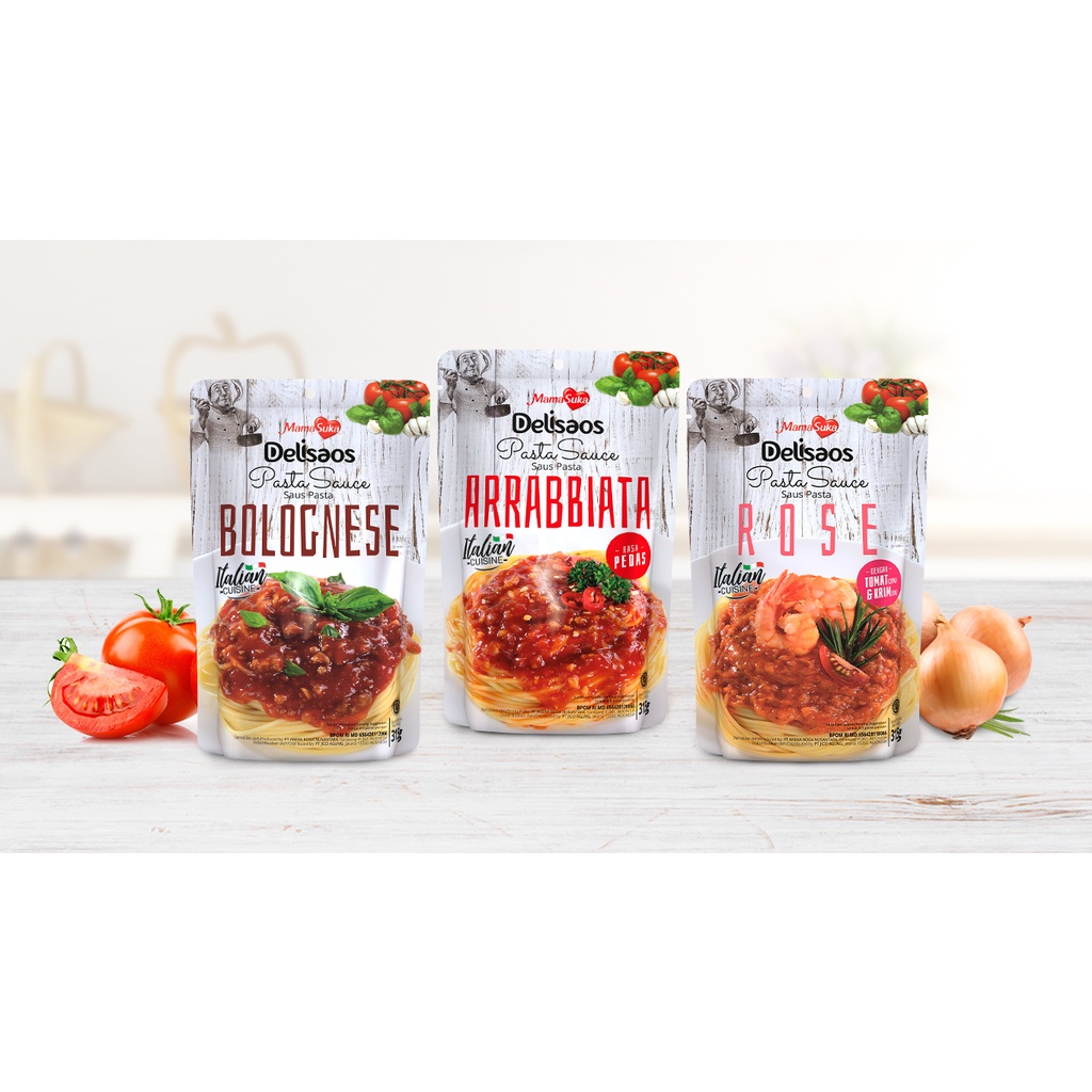 

MamaSuka Delisaos Saus Pasta Spaghetti Bolognese Spicy Arabiata Creamy Rose 315g
