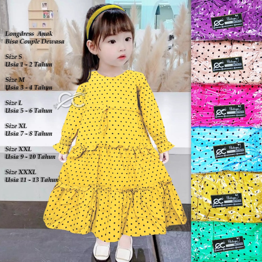 Gamis Anak Motif Polkadot Tali Serut Rempel Susun Bawah Usia 1 - 13 Tahun Devino Style