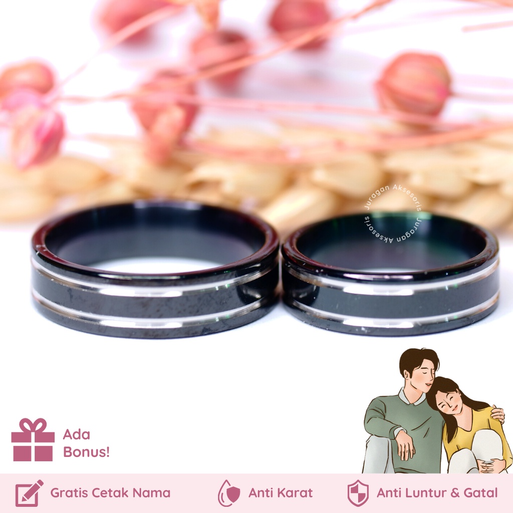 [UKIR NAMA] Cincin Couple Romantis Titanium M65 Black Silver Anti Karat Hadiah Tunangan Nikah BONUS Gelang