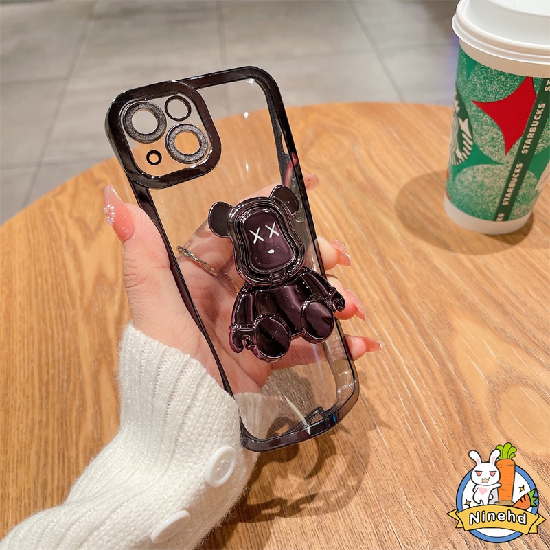 IPHONE Casing Kompatibel Untuk Iphone14 13 12 11 Pro Max Xr Xs Max Se8 7 Plus Plating Mewah Casing Ponsel Bingkai Lensa Logam Full Cover Bear Bracket Tahan Debu Soft Case Cover Pelindung