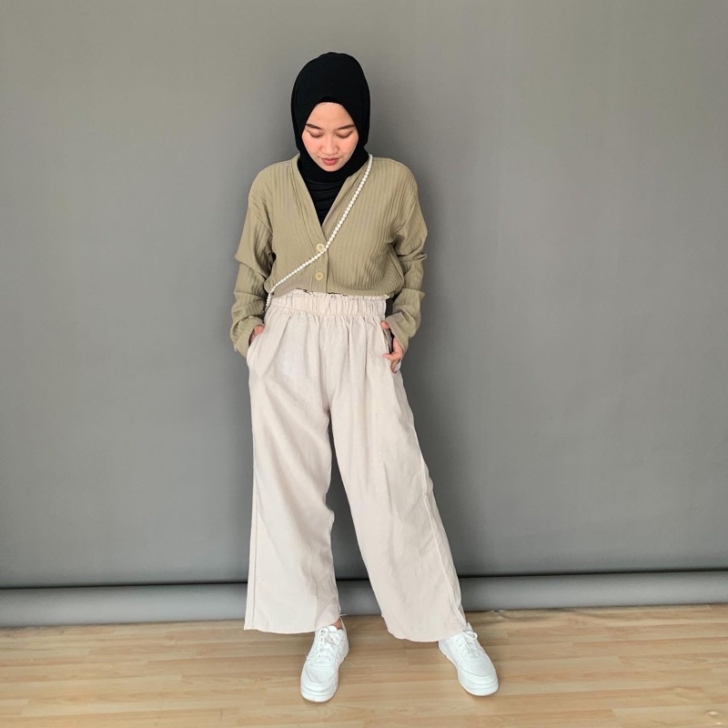 Linen Cullote Pants Yure Kulot Celana Original Highwaist Tali Karet Pinggang