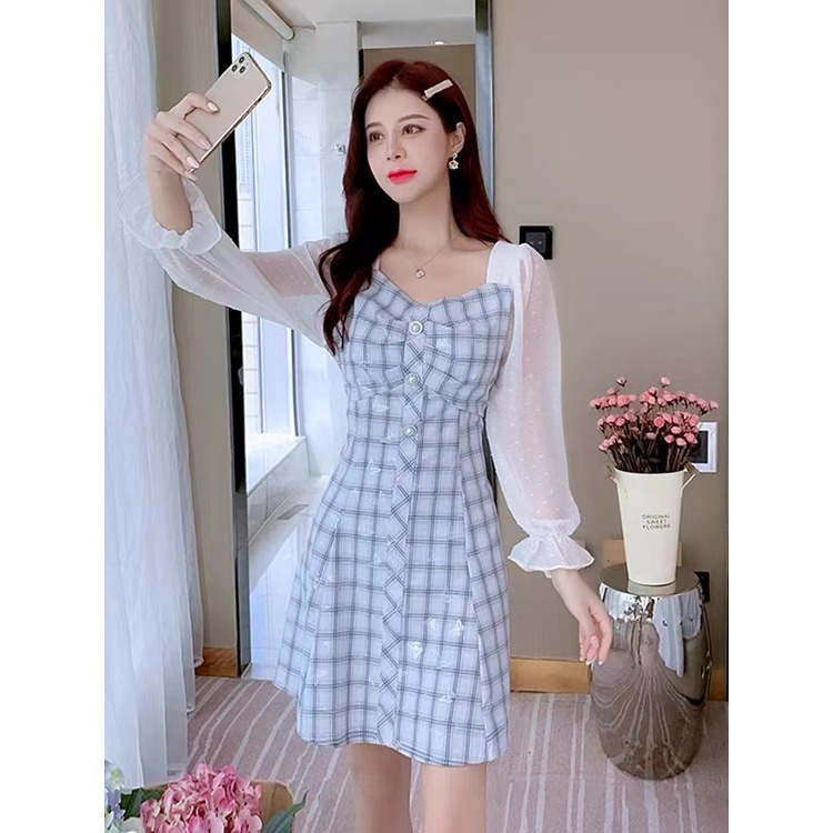 Monica Rok kotak-kotak Perancis sifon pinggang melangsingkan gaun lengan panjang
